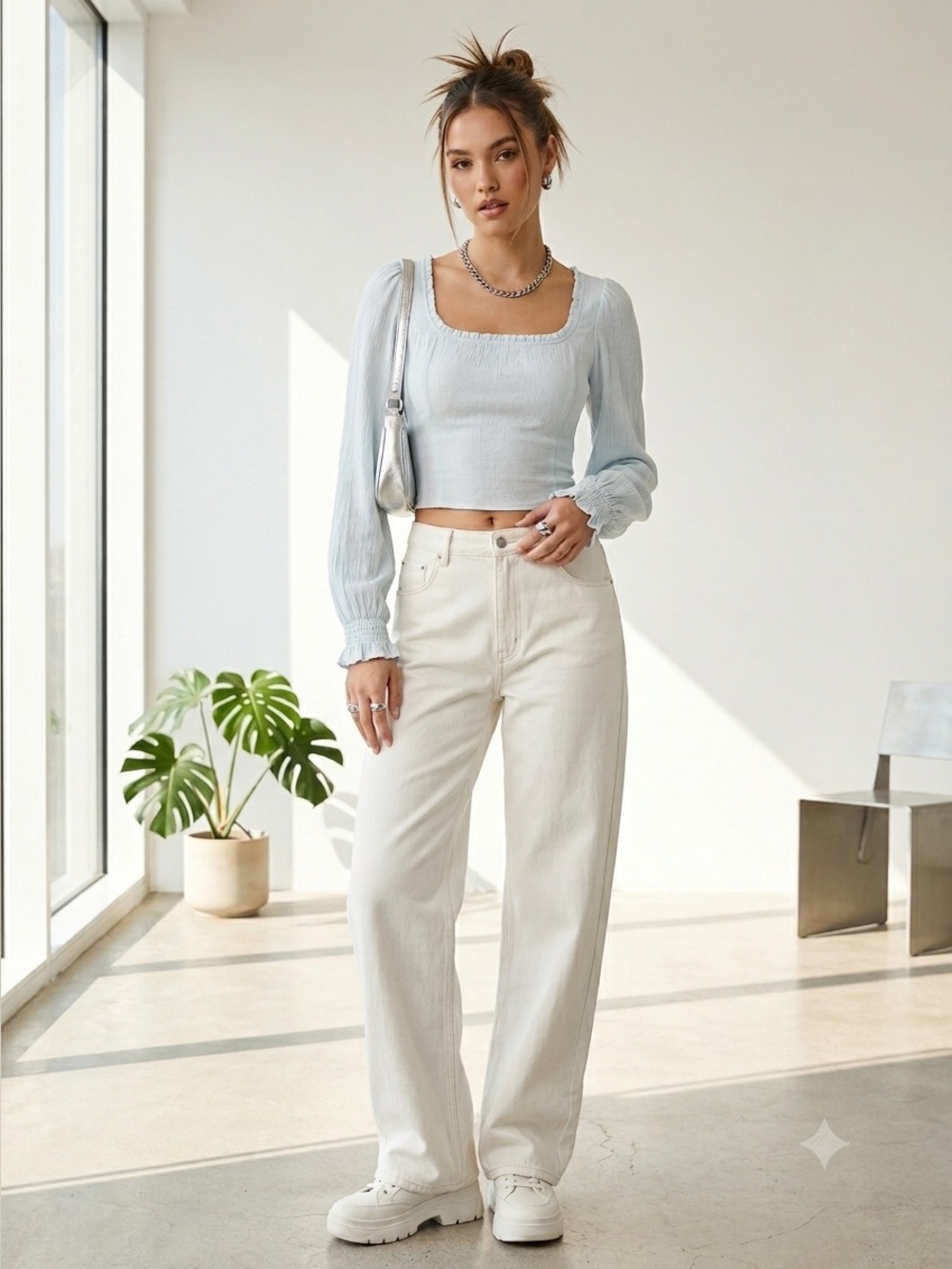 Aritzia Wilfred sky blue Breathless square neck long sleeve crop top - 2XS NWOT
